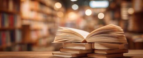 The open book resting on a stack with a cozy library backdrop photo