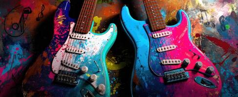 The vibrant electric guitars surrounded by colorful artistic splashes. photo