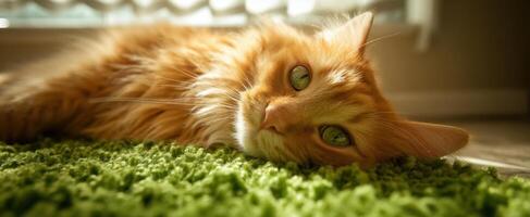 The orange cat relaxing peacefully on a soft green rug in sunlight. photo