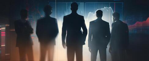 The silhouettes of business leaders analyzing financial data in a modern workspace. photo