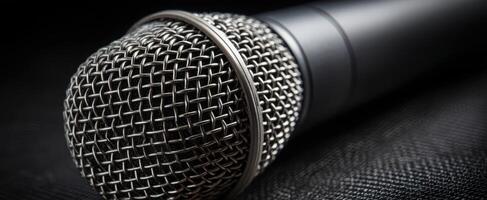 The close-up view of a professional microphone on a dark background. photo