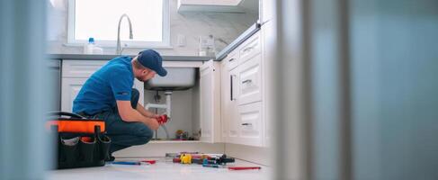 The plumber performing repairs under the kitchen sink with professional tools and attention to detail. photo