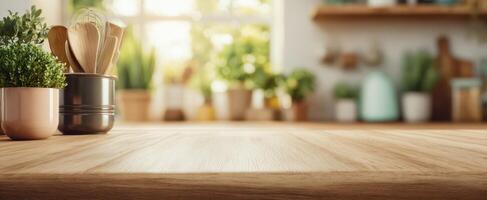 The serene kitchen scene with utensils and fresh herbs in vibrant pots. photo