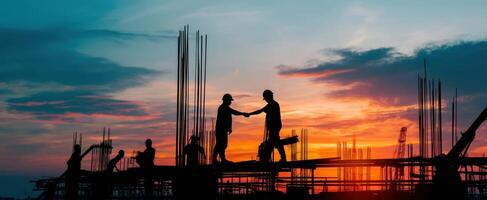The silhouette of construction workers shaking hands during a vibrant sunset. photo