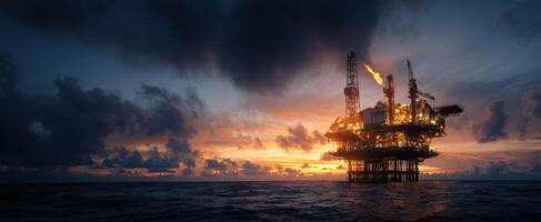 The oil rig illuminated by sunset amidst darkening ocean skies. photo