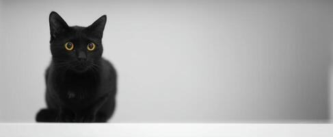 The black cat with captivating yellow eyes against a minimalist background photo