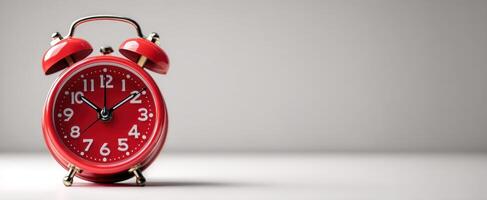 The vibrant red alarm clock standing on a minimalistic surface. photo