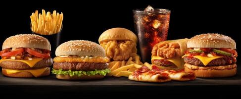 The mouthwatering assortment of delicious burgers and sides for food lovers. photo