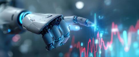 The Robotic Hand Interacting with Dynamic Data Visualization Graphs photo
