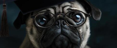 The pug wearing glasses and a graduation cap in a whimsical portrait. photo