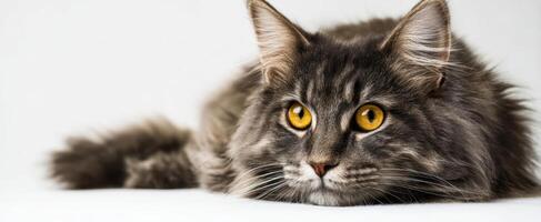 The majestic Maine cat lounging gracefully on a soft surface. photo