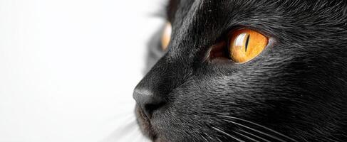 The black cat with striking orange eyes gazing thoughtfully into the distance. photo