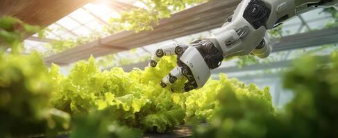 The robotic hand harvesting fresh lettuce in a greenhouse setting. photo