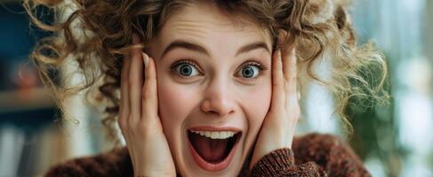 The enthusiastic young woman expressing joy and excitement indoors. photo