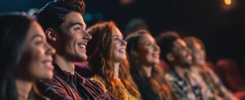 The joyful camaraderie of friends enjoying a movie in a darkened theater. photo