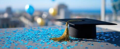 The graduation cap resting on a table amidst colorful confetti and balloons. photo