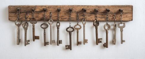 The rustic wooden rack adorned with a collection of vintage keys photo