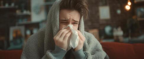 The young person wrapped in a blanket, struggling with a cold in a cozy setting. photo