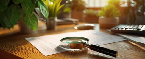 The magnifying glass on a document surrounded by indoor plants and sunlight. photo