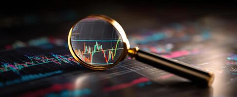 The magnifying glass highlighting financial trends on a colorful stock market chart. photo