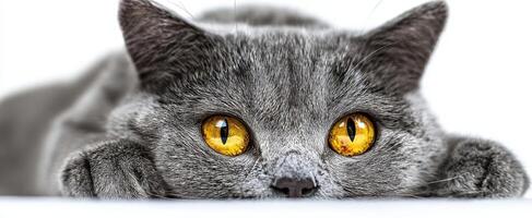 The captivating close-up of a grey cat with bright yellow eyes. photo