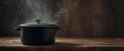 The steaming black pot on a rustic wooden table creates a cozy atmosphere. photo