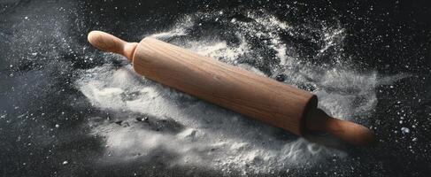 The rustic wooden rolling pin resting on a cloud of flour. photo