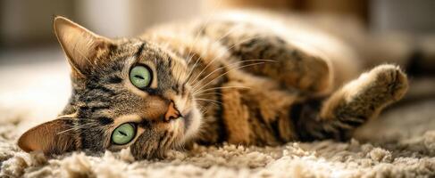 The charming tabby cat lounging peacefully on a soft carpet. photo