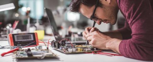The technician repairing a circuit board at a modern workspace with tools. photo