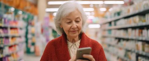 The elderly woman happily using her smartphone while shopping in a grocery store. photo