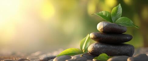 The serene stacked stones and leaves symbolize harmony and tranquility in nature. photo