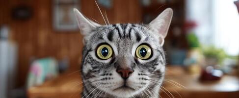 The curious cat with wide eyes exploring its cozy indoor surroundings. photo