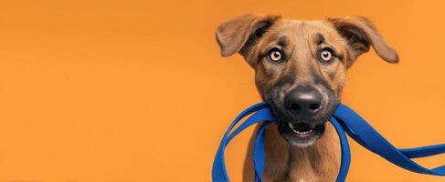 The happy dog holding a blue leash in front of a vibrant background photo