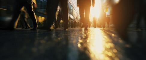 The bustling streets filled with people enjoying the warmth of sunlight. photo