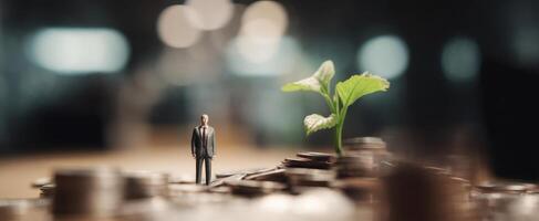 The miniature businessman standing next to a plant and coins representing growth. photo