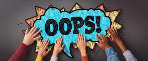 The Hands Reaching for the Colorful 'Oops' Message on a Vibrant Background photo