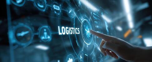 The futuristic interface showcasing logistics information with touch interaction. photo