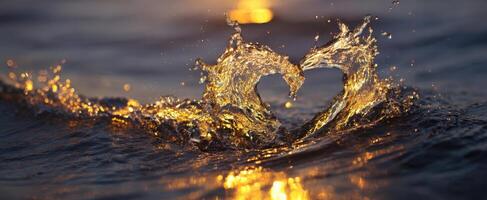 The heart-shaped splash of water capturing a moment of love at sunset. photo