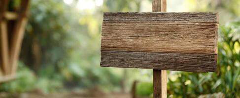 The rustic wooden signpost standing in a tranquil nature setting. photo