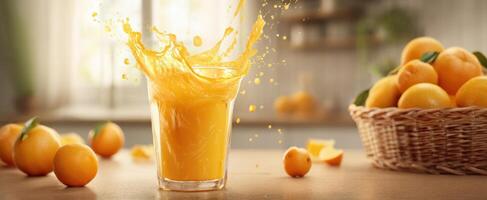 The refreshing orange juice splash in a bright kitchen setting. photo