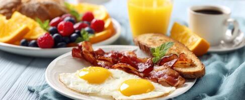 The classic breakfast with eggs, crispy bacon, and fresh fruits for a perfect morning. photo