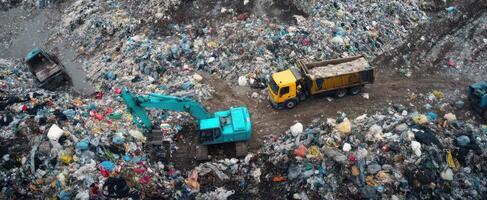 The machinery working at a busy landfill site surrounded by waste and debris. photo