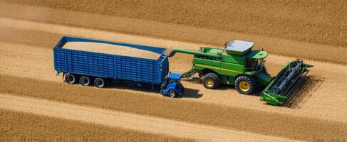 The combine harvester working alongside a grain truck in a golden wheat field. photo