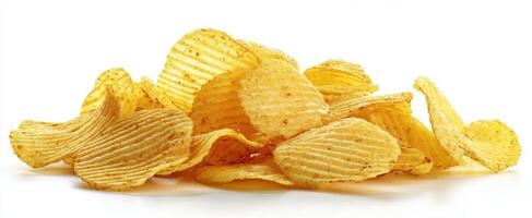 The delicious crispy potato chips stacked in appealing arrangement. photo