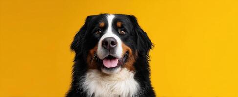 The Bernese Mountain Dog Posing Cheerfully Against a Bright Yellow Background photo