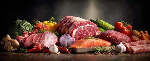The vibrant assortment of fresh meats and vegetables on a rustic wooden table photo