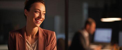 The confident woman smiling in an elegant office setting during evening work hours. photo