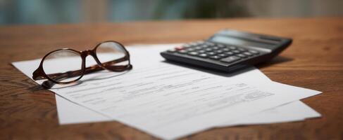 The calculator rests beside important financial documents and reading glasses. photo