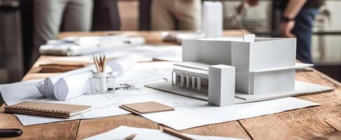 The architectural model on a designer's workspace with blueprints and tools. photo