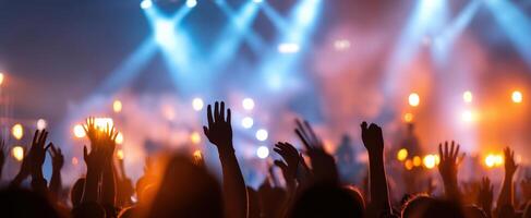 The vibrant crowd with hands raised at a lively concert event photo